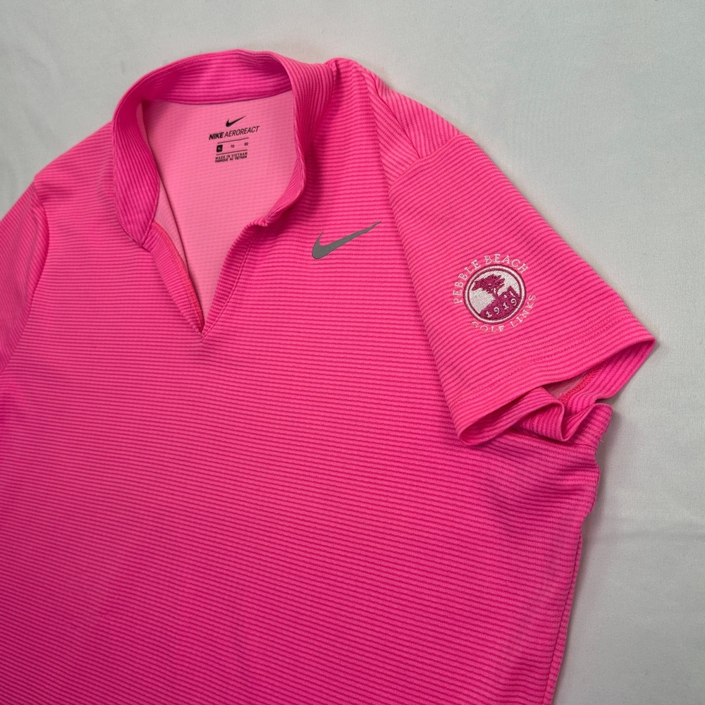 Nike AeroReact Polo Pink Pebble Beach Golf Links Ribbed V-Neck Preppy Sport Neon